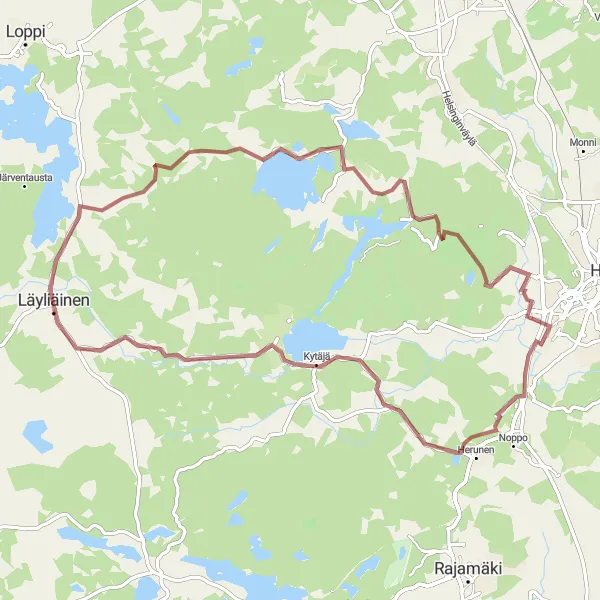 Map miniature of "Scenic Gravel Cycling Route" cycling inspiration in Helsinki-Uusimaa, Finland. Generated by Tarmacs.app cycling route planner