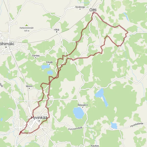 Map miniature of "Oitti and Sahanmäki Gravel Adventure" cycling inspiration in Helsinki-Uusimaa, Finland. Generated by Tarmacs.app cycling route planner