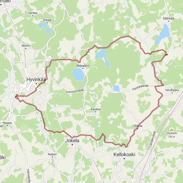 Map miniature of "Jokela and Kittelä Gravel Ride" cycling inspiration in Helsinki-Uusimaa, Finland. Generated by Tarmacs.app cycling route planner