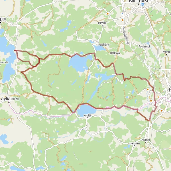 Map miniature of "Veikkari - Kytäjärvi - Loppijärvi - Veikkari Gravel Cycling" cycling inspiration in Helsinki-Uusimaa, Finland. Generated by Tarmacs.app cycling route planner