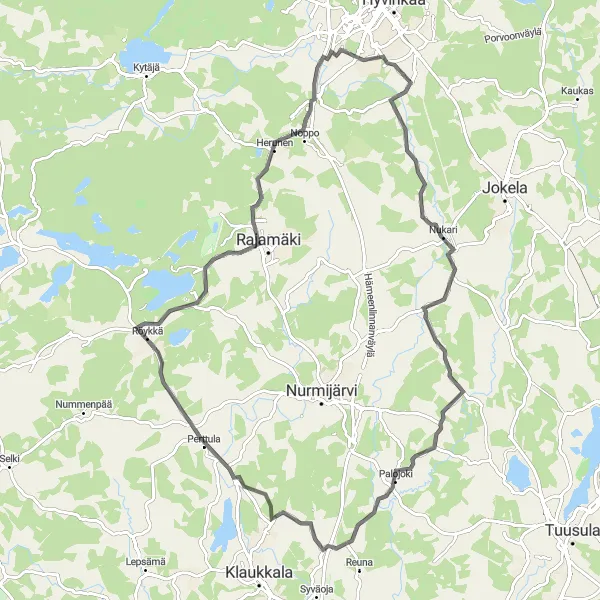 Map miniature of "Nukari and Röykkä Road Cycling Discovery" cycling inspiration in Helsinki-Uusimaa, Finland. Generated by Tarmacs.app cycling route planner