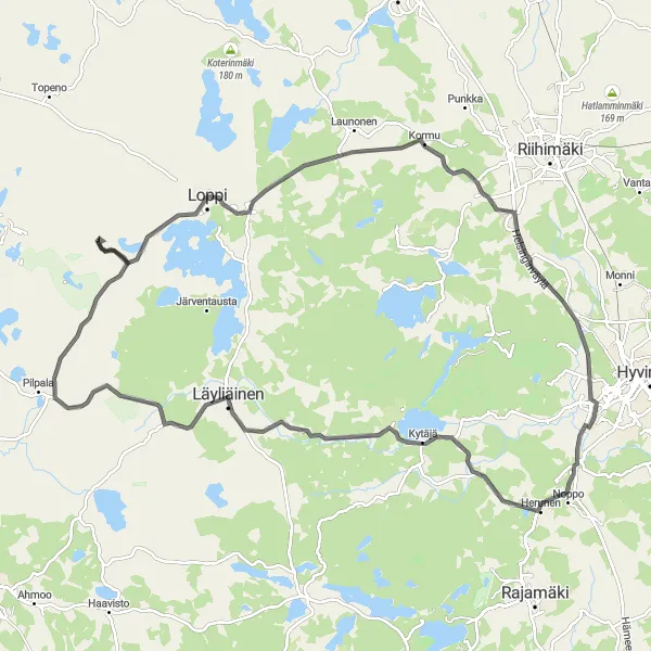 Map miniature of "Challenge and Serenity on Road" cycling inspiration in Helsinki-Uusimaa, Finland. Generated by Tarmacs.app cycling route planner
