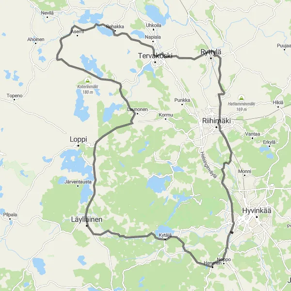 Map miniature of "Road Challenge with Natural Beauty" cycling inspiration in Helsinki-Uusimaa, Finland. Generated by Tarmacs.app cycling route planner