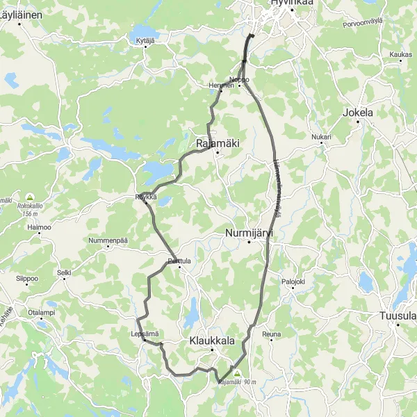 Map miniature of "Scenic Road Cycling Route" cycling inspiration in Helsinki-Uusimaa, Finland. Generated by Tarmacs.app cycling route planner