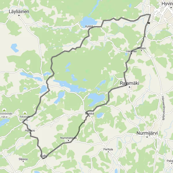 Map miniature of "Veikkari - Herunen - Tykkitorninmäki - Röykkä - Rokokallio - Kytäjä - Kytäjärvi - Veikkari Road Cycling" cycling inspiration in Helsinki-Uusimaa, Finland. Generated by Tarmacs.app cycling route planner