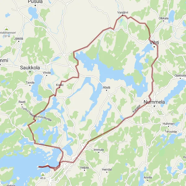 Map miniature of "Vihti Gravel Expedition" cycling inspiration in Helsinki-Uusimaa, Finland. Generated by Tarmacs.app cycling route planner