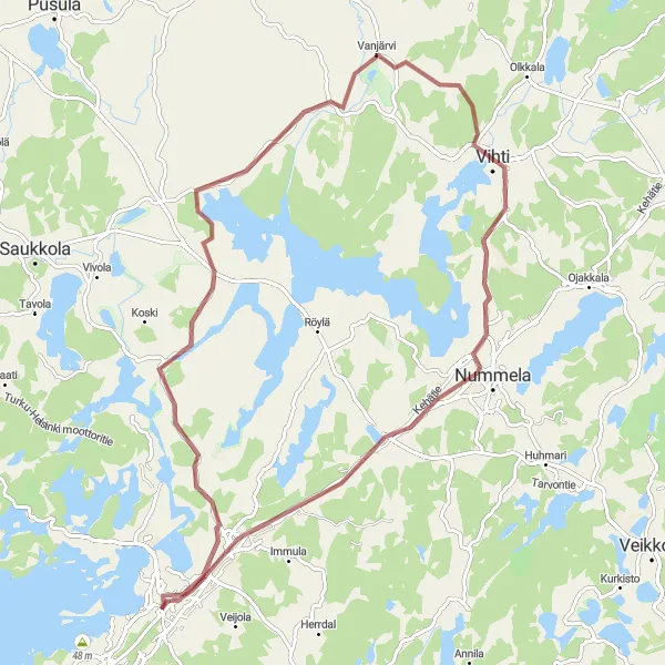 Map miniature of "Vihti and Lohja Gravel Adventure" cycling inspiration in Helsinki-Uusimaa, Finland. Generated by Tarmacs.app cycling route planner