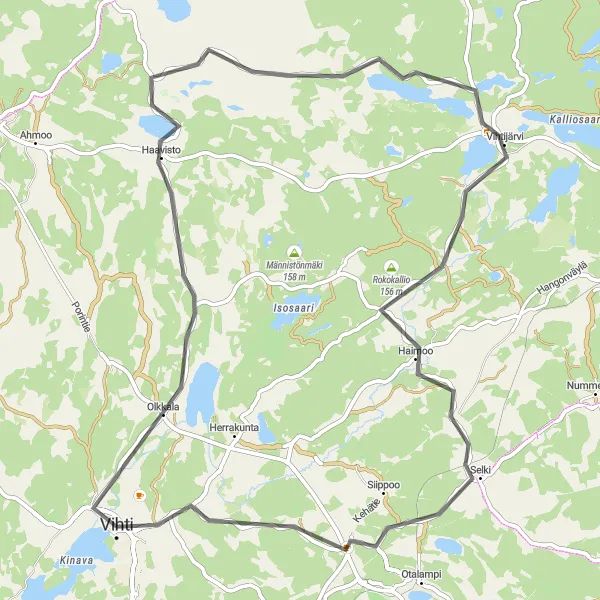 Map miniature of "Vihti-Rokokallio Loop" cycling inspiration in Helsinki-Uusimaa, Finland. Generated by Tarmacs.app cycling route planner