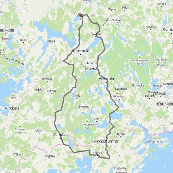 Map miniature of "Vihti to Siuntio Road Cycling Tour" cycling inspiration in Helsinki-Uusimaa, Finland. Generated by Tarmacs.app cycling route planner