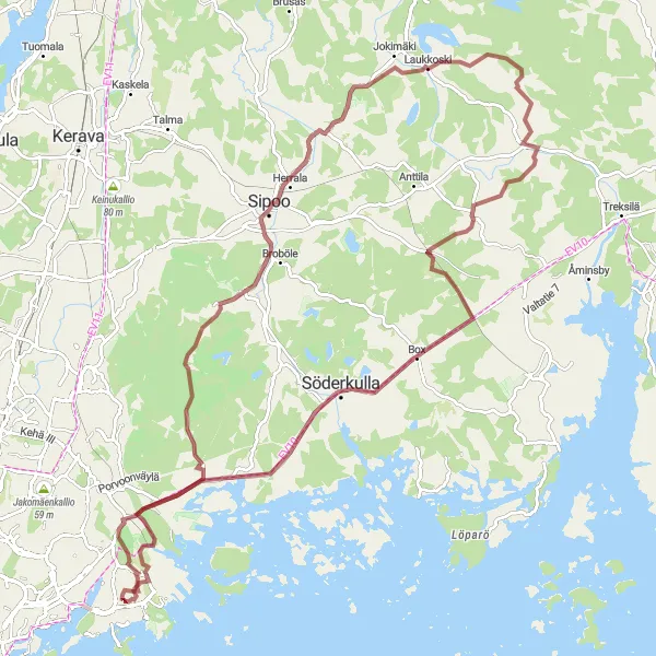 Map miniature of "Nikkilä to Vuosaari Gravel Route" cycling inspiration in Helsinki-Uusimaa, Finland. Generated by Tarmacs.app cycling route planner