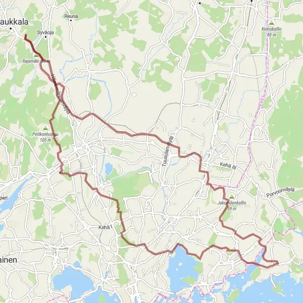 Map miniature of "Scenic Gravel Adventure" cycling inspiration in Helsinki-Uusimaa, Finland. Generated by Tarmacs.app cycling route planner