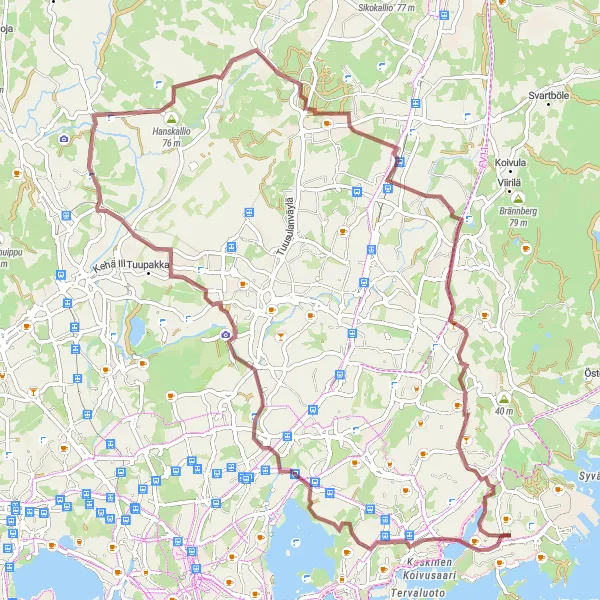 Map miniature of "Pihlajisto to Rastila Gravel Route" cycling inspiration in Helsinki-Uusimaa, Finland. Generated by Tarmacs.app cycling route planner