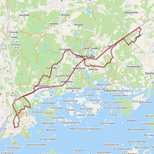 Map miniature of "Vuosaari and Östersundom Gravel Loop" cycling inspiration in Helsinki-Uusimaa, Finland. Generated by Tarmacs.app cycling route planner