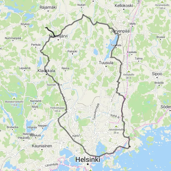 Map miniature of "Isoisänsilta to Vanttikallio Road Route" cycling inspiration in Helsinki-Uusimaa, Finland. Generated by Tarmacs.app cycling route planner