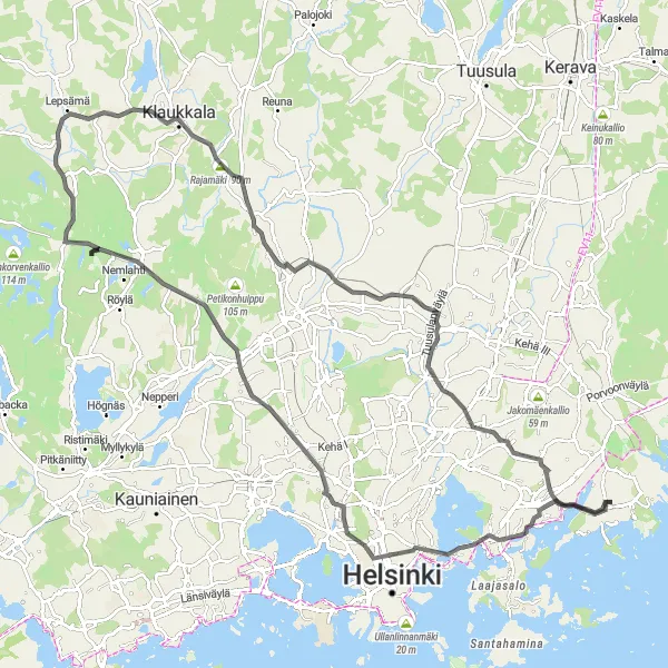 Map miniature of "Helsinki Road Expedition" cycling inspiration in Helsinki-Uusimaa, Finland. Generated by Tarmacs.app cycling route planner