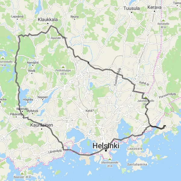 Map miniature of "Isoisänsilta to Puotinharju Road Route" cycling inspiration in Helsinki-Uusimaa, Finland. Generated by Tarmacs.app cycling route planner