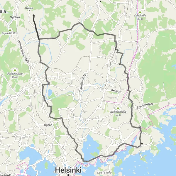 Map miniature of "Helsinki Road Challenge" cycling inspiration in Helsinki-Uusimaa, Finland. Generated by Tarmacs.app cycling route planner