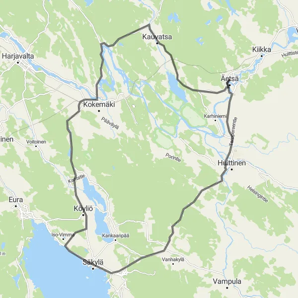 Map miniature of "Äetsä - Kauvatsa - Äetsä Loop" cycling inspiration in Länsi-Suomi, Finland. Generated by Tarmacs.app cycling route planner