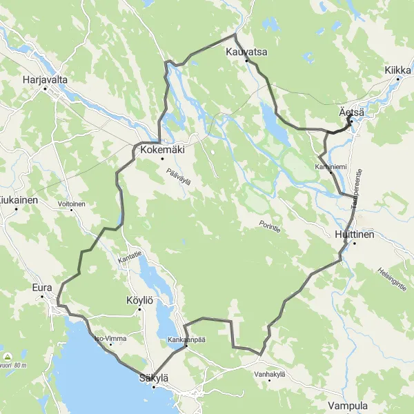 Map miniature of "Äetsä - Kauvatsa - Kokemäki - Äetsä Loop" cycling inspiration in Länsi-Suomi, Finland. Generated by Tarmacs.app cycling route planner