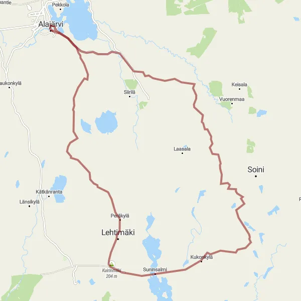 Karttaminiaatyyri "Alajärvi - Tuluutti - Kuirinmäki - Lehtimäki kiertomatka" pyöräilyinspiraatiosta alueella Länsi-Suomi, Finland. Luotu Tarmacs.app pyöräilyreittisuunnittelijalla