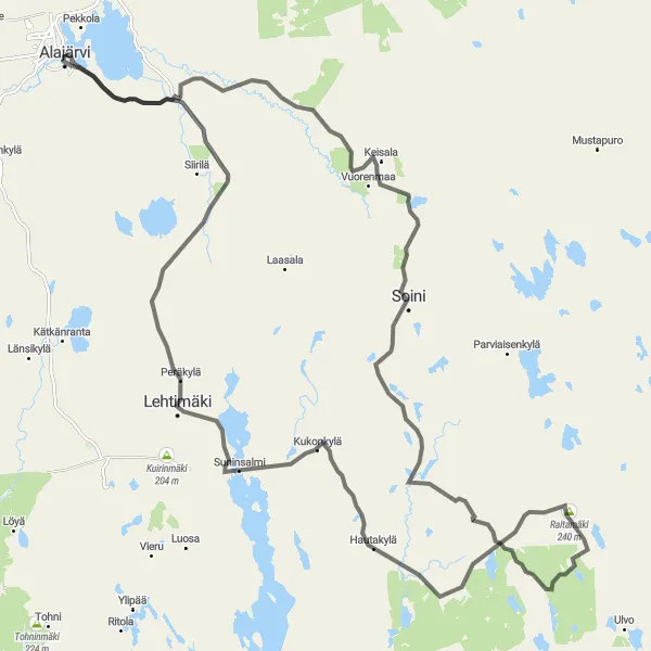 Karttaminiaatyyri "Alajärvi - Tuluutti - Soini - Raitamäki - Suokonmäen näkötorni - Niittykumpu (126 km)" pyöräilyinspiraatiosta alueella Länsi-Suomi, Finland. Luotu Tarmacs.app pyöräilyreittisuunnittelijalla