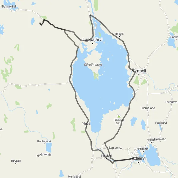 Karttaminiaatyyri "Alajärvi - Karvala - Lappajärvi - Itäkylä - Alajärvi (108 km)" pyöräilyinspiraatiosta alueella Länsi-Suomi, Finland. Luotu Tarmacs.app pyöräilyreittisuunnittelijalla