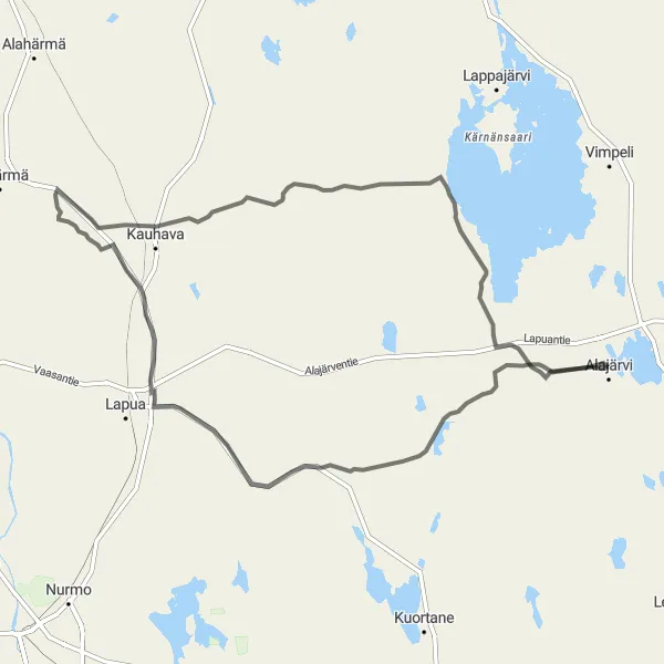 Karttaminiaatyyri "Alajärvi - Kauhava - Karvala - Alajärvi kiertomatka" pyöräilyinspiraatiosta alueella Länsi-Suomi, Finland. Luotu Tarmacs.app pyöräilyreittisuunnittelijalla