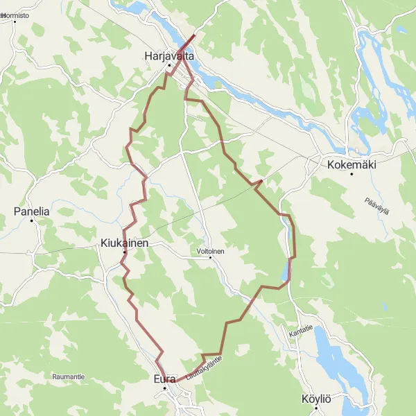 Map miniature of "Harjavalta and Kuninkaan mänty Gravel Ride" cycling inspiration in Länsi-Suomi, Finland. Generated by Tarmacs.app cycling route planner