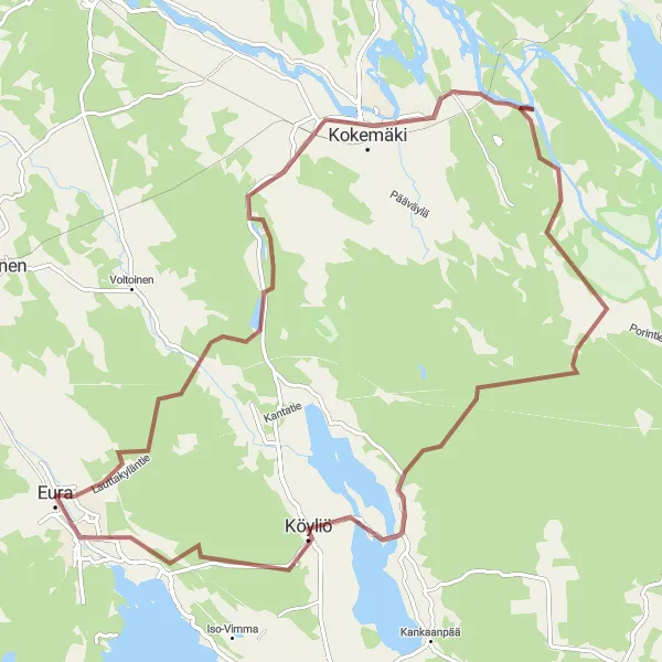 Map miniature of "Gravel Journey around Eura" cycling inspiration in Länsi-Suomi, Finland. Generated by Tarmacs.app cycling route planner