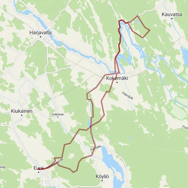 Map miniature of "Gravel Adventure in Eura" cycling inspiration in Länsi-Suomi, Finland. Generated by Tarmacs.app cycling route planner