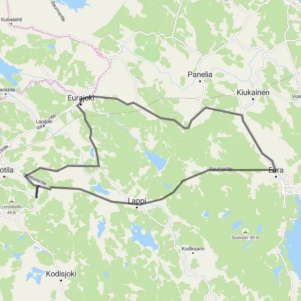 Map miniature of "Eura Road Loop" cycling inspiration in Länsi-Suomi, Finland. Generated by Tarmacs.app cycling route planner