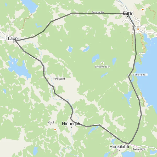 Map miniature of "Hinnerjoki to Naarjoki Road Adventure" cycling inspiration in Länsi-Suomi, Finland. Generated by Tarmacs.app cycling route planner