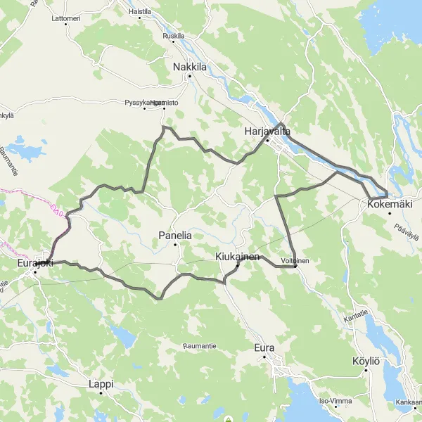 Map miniature of "Exploring Kokemäki River by Road" cycling inspiration in Länsi-Suomi, Finland. Generated by Tarmacs.app cycling route planner