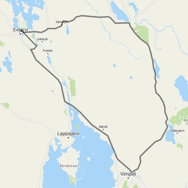 Karttaminiaatyyri "Evijärvi - Finnilä - Evijärvi" pyöräilyinspiraatiosta alueella Länsi-Suomi, Finland. Luotu Tarmacs.app pyöräilyreittisuunnittelijalla