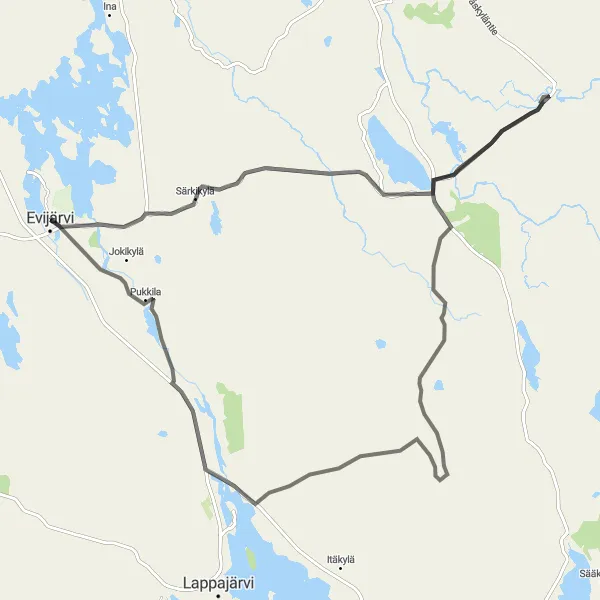 Karttaminiaatyyri "Evijärvi - Finnilä - Vuokrattava Grillikota" pyöräilyinspiraatiosta alueella Länsi-Suomi, Finland. Luotu Tarmacs.app pyöräilyreittisuunnittelijalla