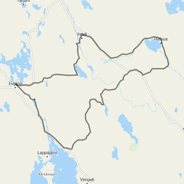 Karttaminiaatyyri "Evijärvi-Halsua-Itäkylä kierros" pyöräilyinspiraatiosta alueella Länsi-Suomi, Finland. Luotu Tarmacs.app pyöräilyreittisuunnittelijalla