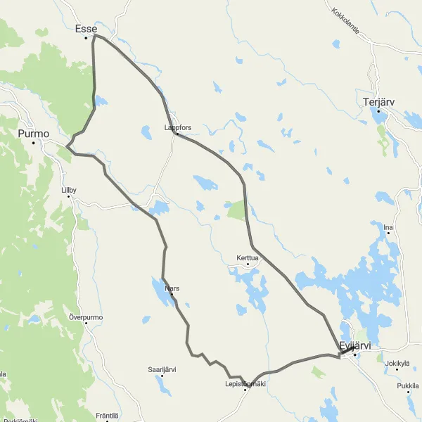 Map miniature of "Evijärvi - Konungsfolk Adventure" cycling inspiration in Länsi-Suomi, Finland. Generated by Tarmacs.app cycling route planner