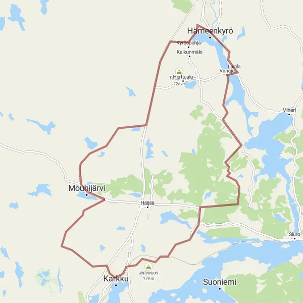 Map miniature of "Hämeenkyrö Gravel Adventure with Scenic Stops" cycling inspiration in Länsi-Suomi, Finland. Generated by Tarmacs.app cycling route planner