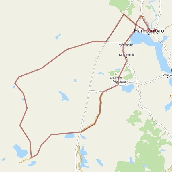 Karttaminiaatyyri "Takunvuoren ympäristöreitti Hämeenkyröstä Kirkonkylään" pyöräilyinspiraatiosta alueella Länsi-Suomi, Finland. Luotu Tarmacs.app pyöräilyreittisuunnittelijalla