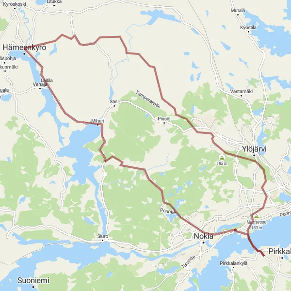 Map miniature of "Hämeenkyrö Gravel Adventure to Nokia and Ylöjärvi" cycling inspiration in Länsi-Suomi, Finland. Generated by Tarmacs.app cycling route planner