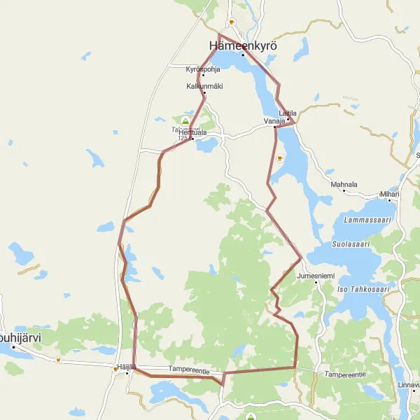 Karttaminiaatyyri "Hämeenkyrö - Häijää - Takunvuori sora-lenkillä" pyöräilyinspiraatiosta alueella Länsi-Suomi, Finland. Luotu Tarmacs.app pyöräilyreittisuunnittelijalla