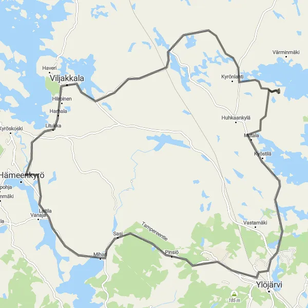 Karttaminiaatyyri "Maisemareitti Hämeenkyröstä Pinsiölle" pyöräilyinspiraatiosta alueella Länsi-Suomi, Finland. Luotu Tarmacs.app pyöräilyreittisuunnittelijalla