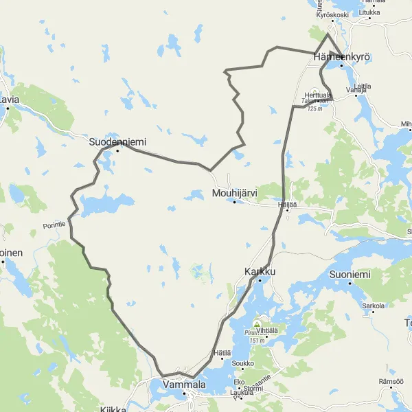 Karttaminiaatyyri "Historiallinen reitti Hämeenkyröstä Karkkuun ja Kirkonkylään" pyöräilyinspiraatiosta alueella Länsi-Suomi, Finland. Luotu Tarmacs.app pyöräilyreittisuunnittelijalla