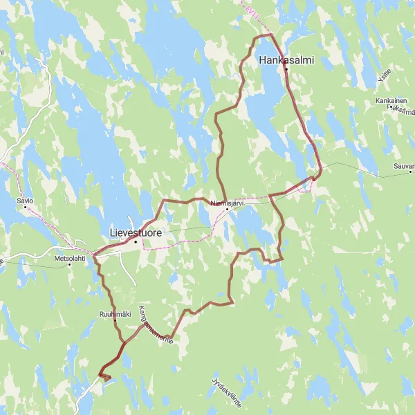 Map miniature of "Gravel Adventure to Lievestuore" cycling inspiration in Länsi-Suomi, Finland. Generated by Tarmacs.app cycling route planner