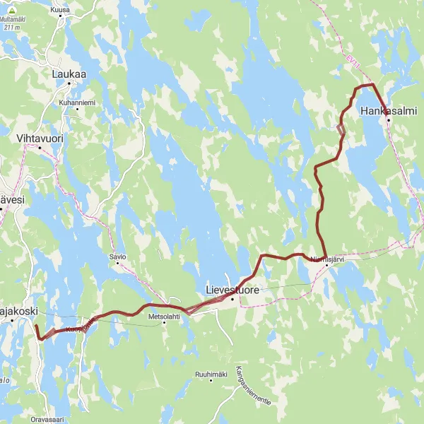 Karttaminiaatyyri "Hankasalmi - Leppälahti pyöräilyreitti" pyöräilyinspiraatiosta alueella Länsi-Suomi, Finland. Luotu Tarmacs.app pyöräilyreittisuunnittelijalla