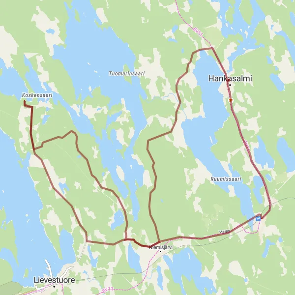 Map miniature of "Hankasalmi Gravel Adventure" cycling inspiration in Länsi-Suomi, Finland. Generated by Tarmacs.app cycling route planner