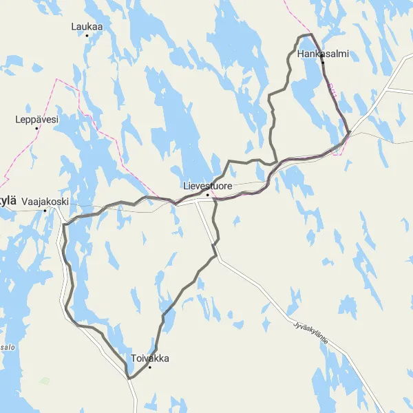 Karttaminiaatyyri "Hankasalmi - Oravasaari - Lievestuore - Hankasalmi" pyöräilyinspiraatiosta alueella Länsi-Suomi, Finland. Luotu Tarmacs.app pyöräilyreittisuunnittelijalla