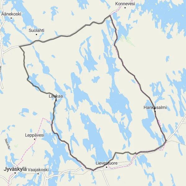 Map miniature of "Hankasalmi to Peurunka Scenic Route" cycling inspiration in Länsi-Suomi, Finland. Generated by Tarmacs.app cycling route planner