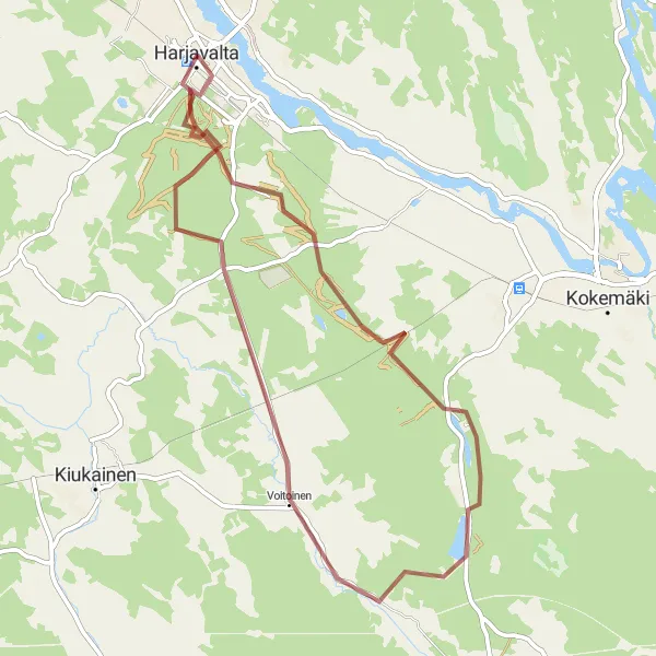 Map miniature of "Gravel Adventure: Harjavalta to Hiittenharju" cycling inspiration in Länsi-Suomi, Finland. Generated by Tarmacs.app cycling route planner
