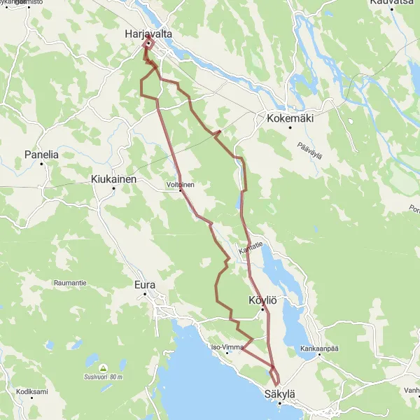 Map miniature of "Gravel Ride: Harjavalta to Säkylä" cycling inspiration in Länsi-Suomi, Finland. Generated by Tarmacs.app cycling route planner